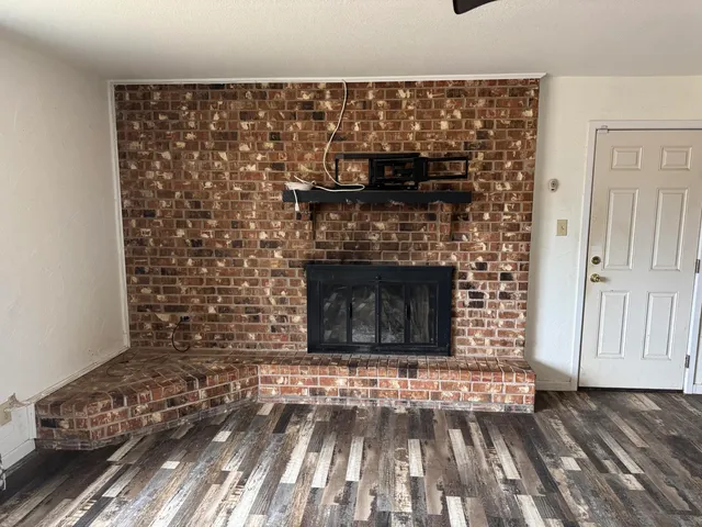 a room with a fireplace