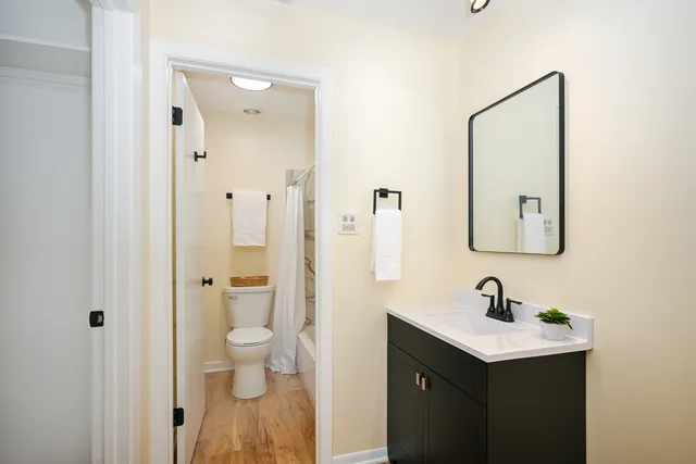 a bathroom with a sink a toilet and a mirror