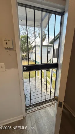 a view of a black and white door