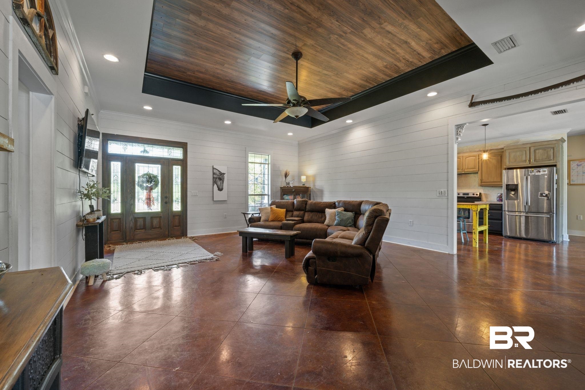 15635 North A N Brady Road Bay Minette, AL 36507 - Photo 9 of 51 Foyer entrance with ceiling fan, wood ceiling, and a tray ceiling