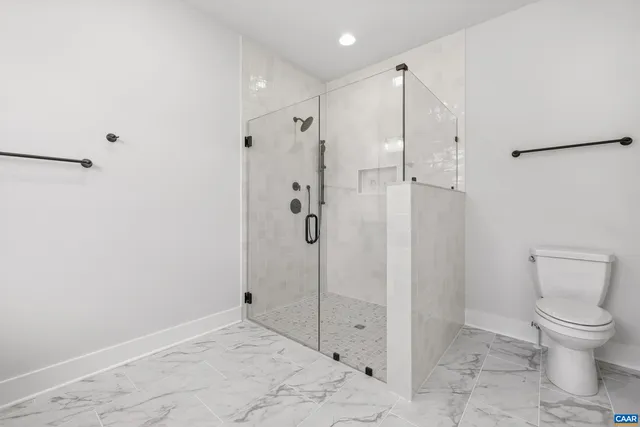 a bathroom with a shower and a toilet