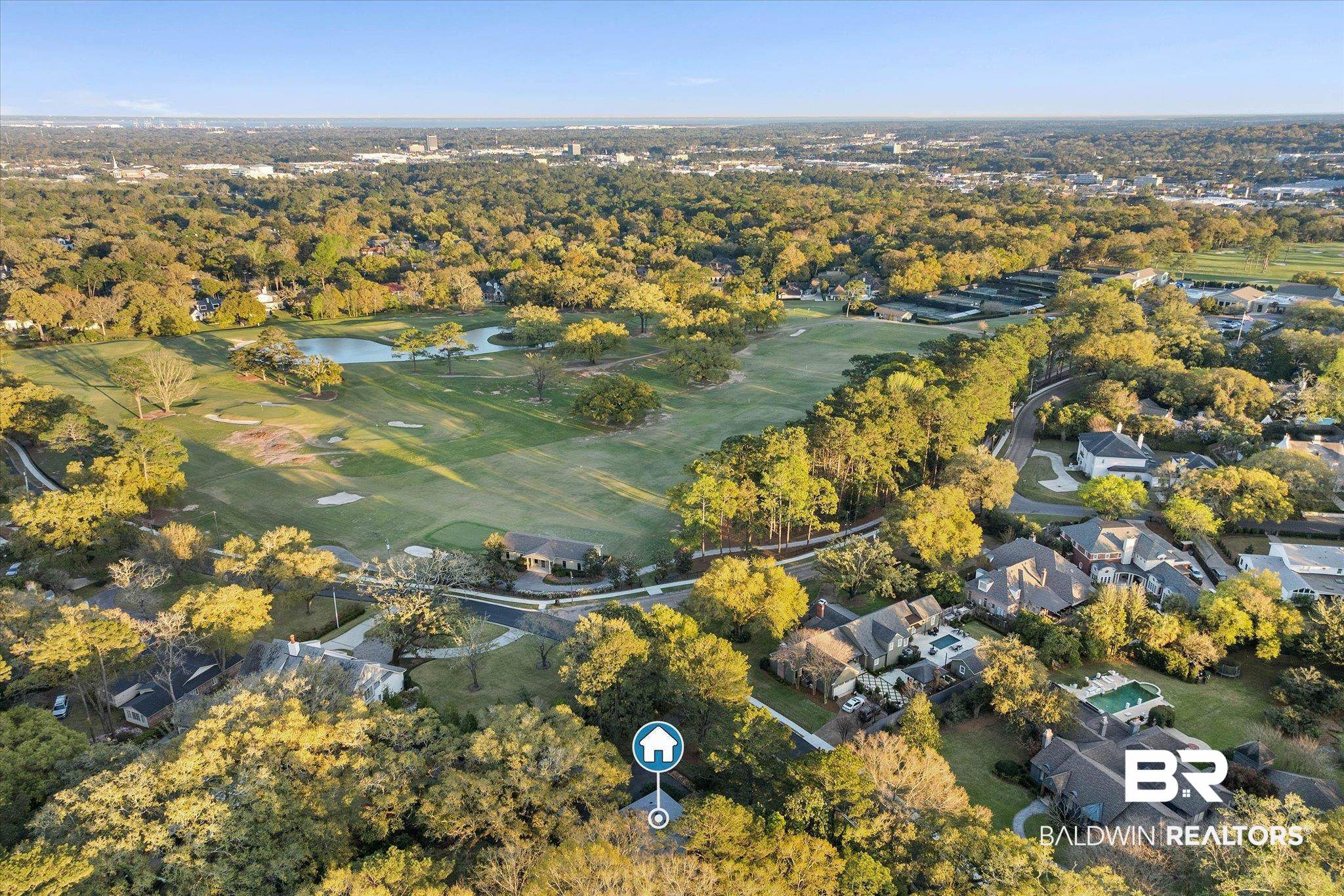 2 Westgate Road Mobile, AL 36608 - Photo 58 of 63 Aerial overview of property's location featuring a nearby body of water, a local golf course, and nearby suburban area