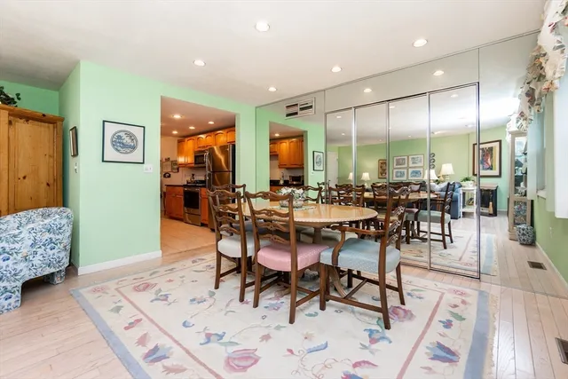 a view of a dining room with furniture