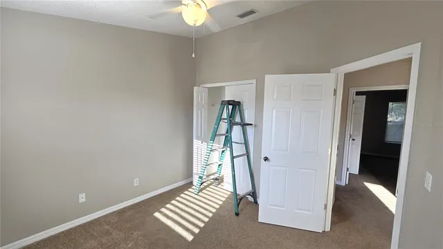 a view of a livingroom with a chandelier fan and closet