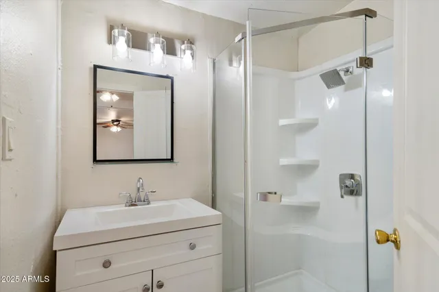 a bathroom with a sink a mirror a vanity and shower