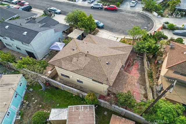an aerial view of a fireplace with a yard