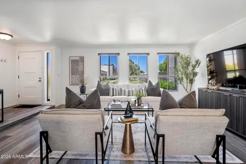 a view of a dining room with furniture
