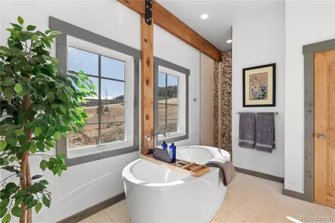 a spacious bathroom with a bathtub and potted plant