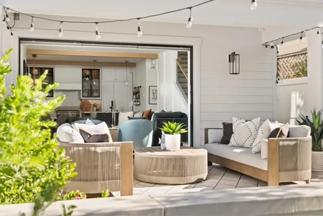 a living room with furniture and a potted plant