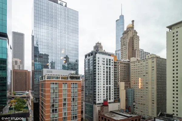 a city view with tall buildings