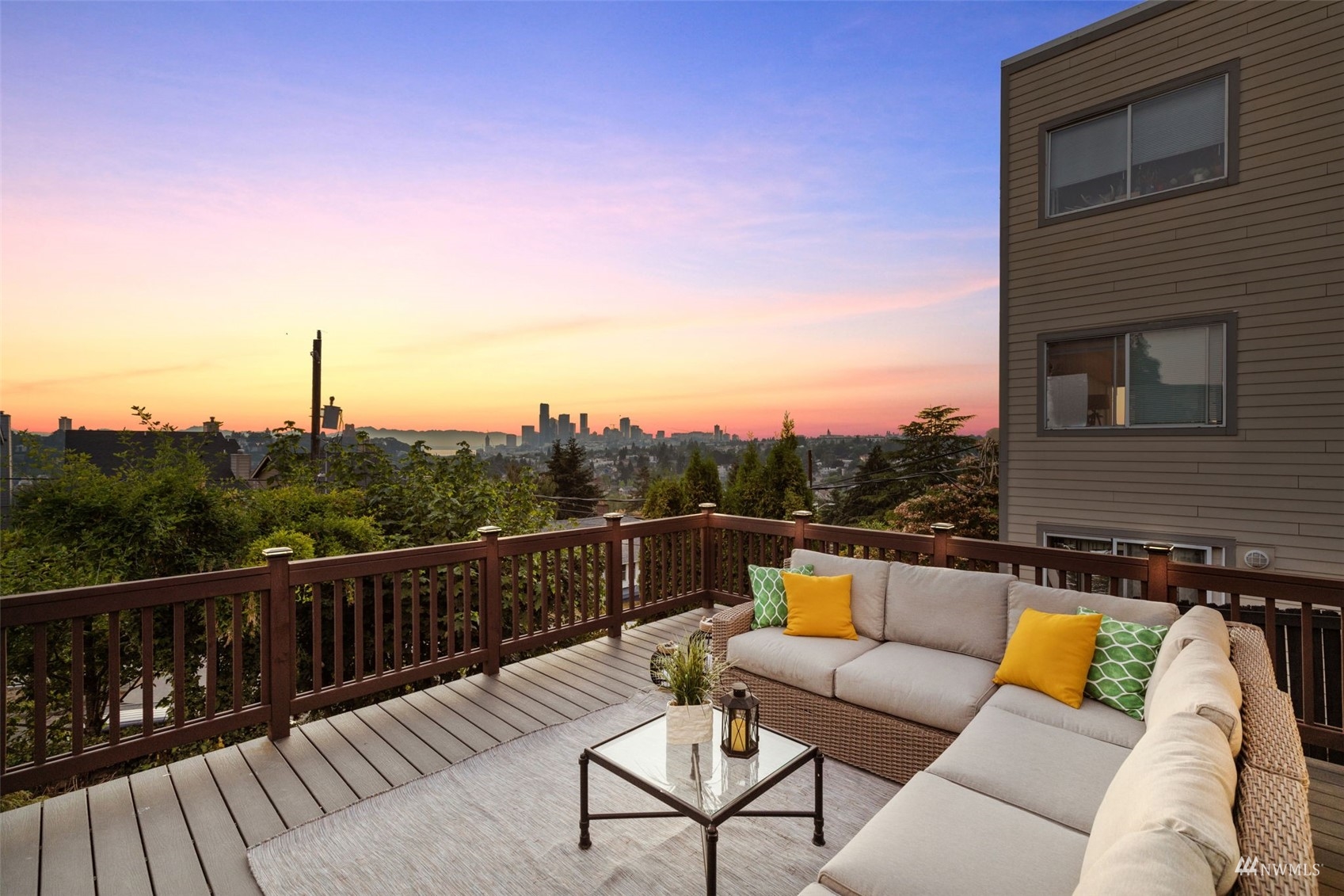 a view of a roof deck with couches