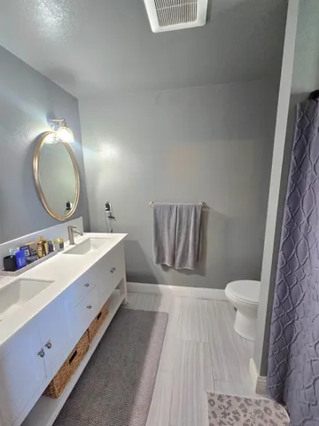 a bathroom with a sink a toilet and a mirror