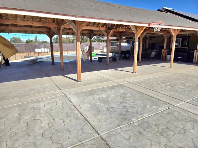 a view of a building with a patio