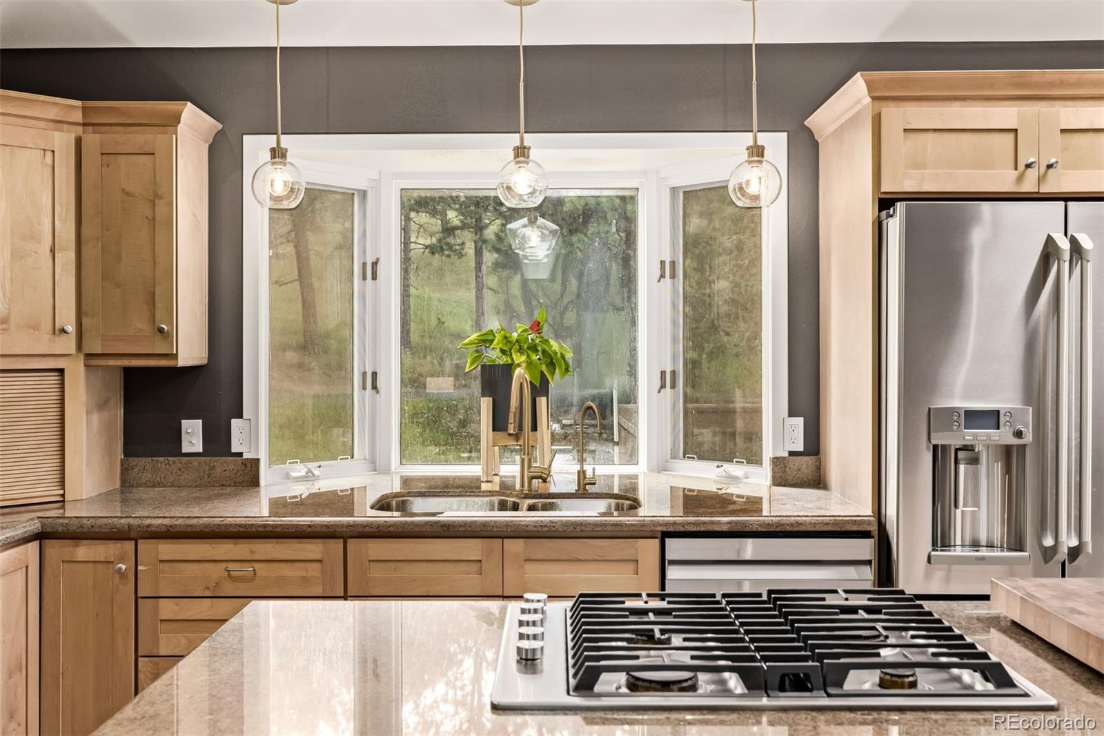 1139 Genesee Vista Road Golden, CO 80401 - Photo 19 of 43 a kitchen with stainless steel appliances a refrigerator and wooden cabinets