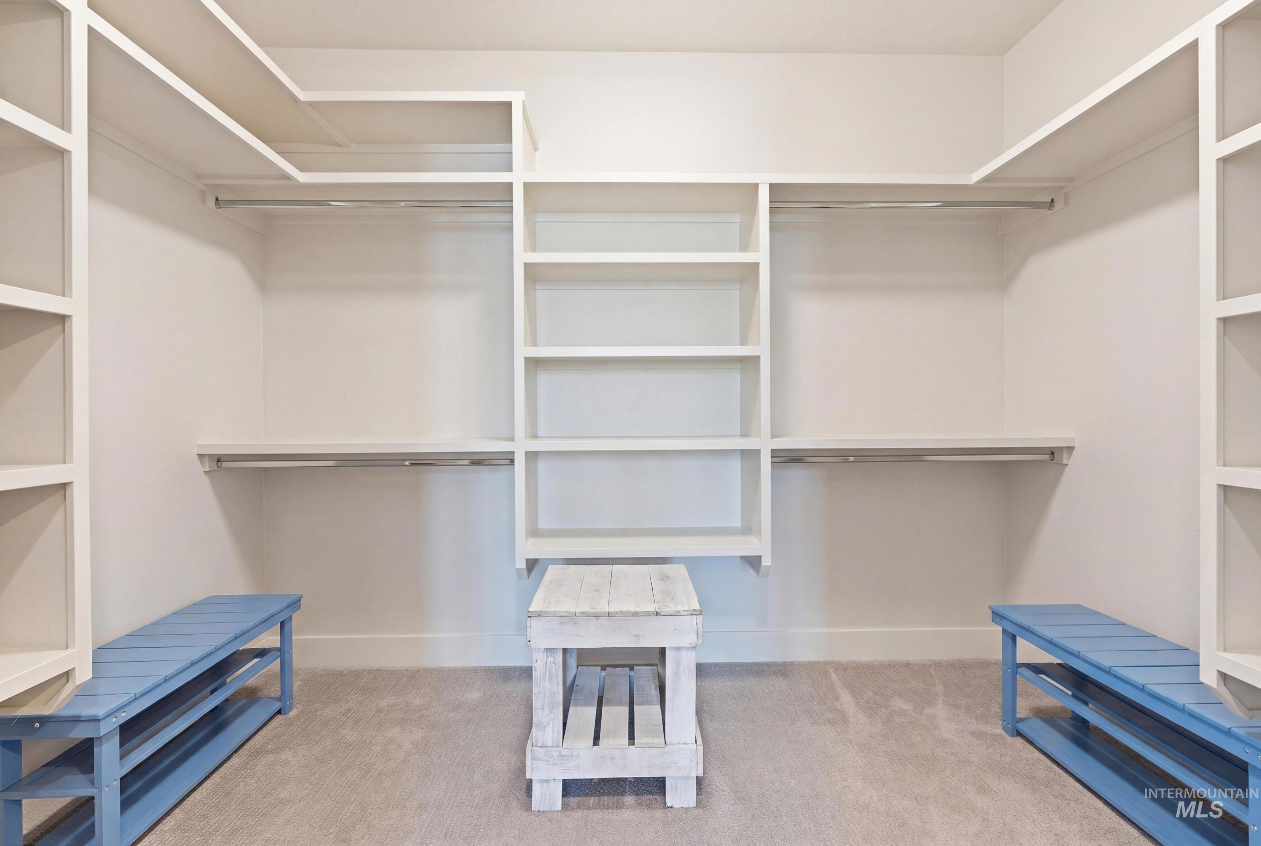 6347 South Utmost Lane Meridian, ID 83642 - Photo 26 of 37 Expansive walk-in closet featuring extensive built-in shelving, multiple hanging rods, and light-toned carpeting