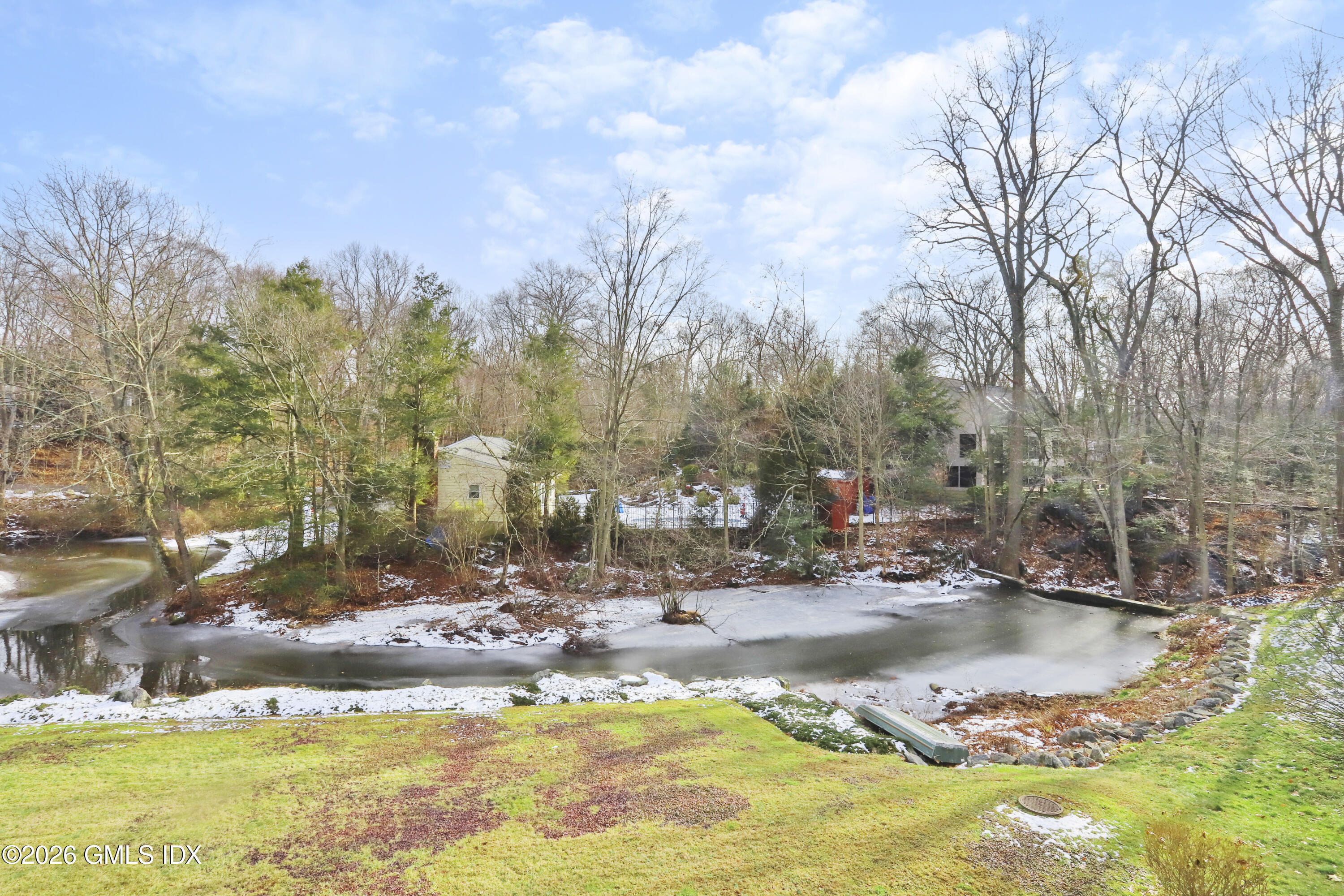 a view of water with large trees
