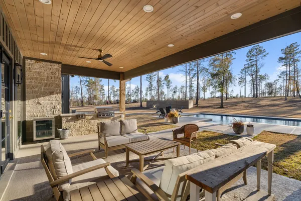 a building outdoor space with patio furniture