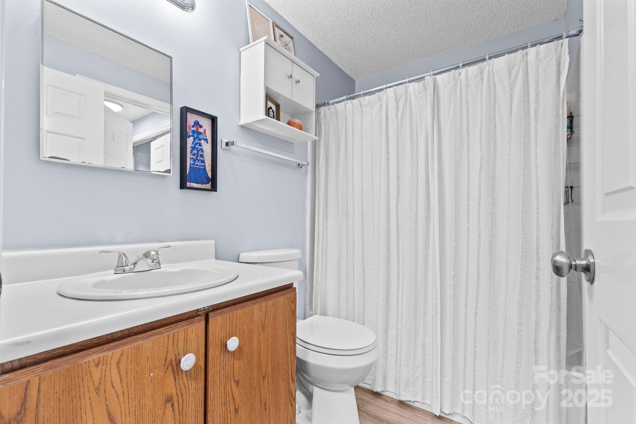 9606 Vinca Circle, Unit E Charlotte, NC 28213 - Photo 17 of 26 a bathroom with a sink a toilet and shower curtain
