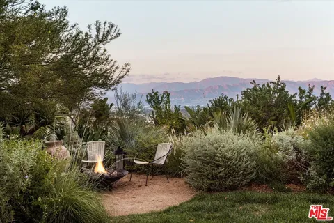 a view of backyard with outdoor seating and plants