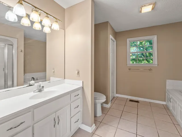 a bathroom with a tub sink and vanity