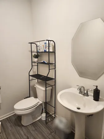 a bathroom with a toilet a sink and mirror