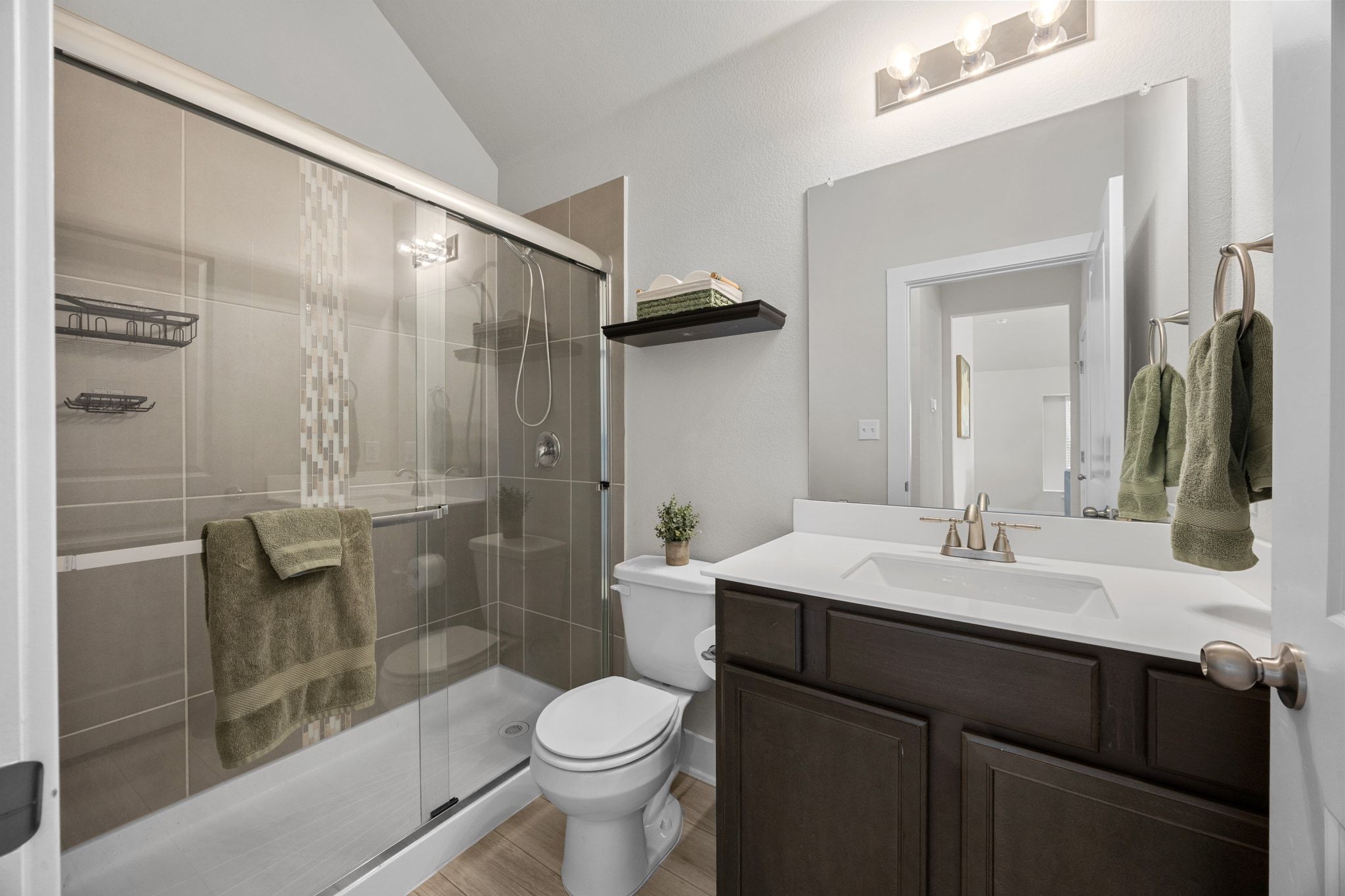 4807 Portillo Way Pflugerville, TX 78660 - Photo 17 of 24 Bathroom featuring vanity, a shower stall, vaulted ceiling, and light wood finished floors