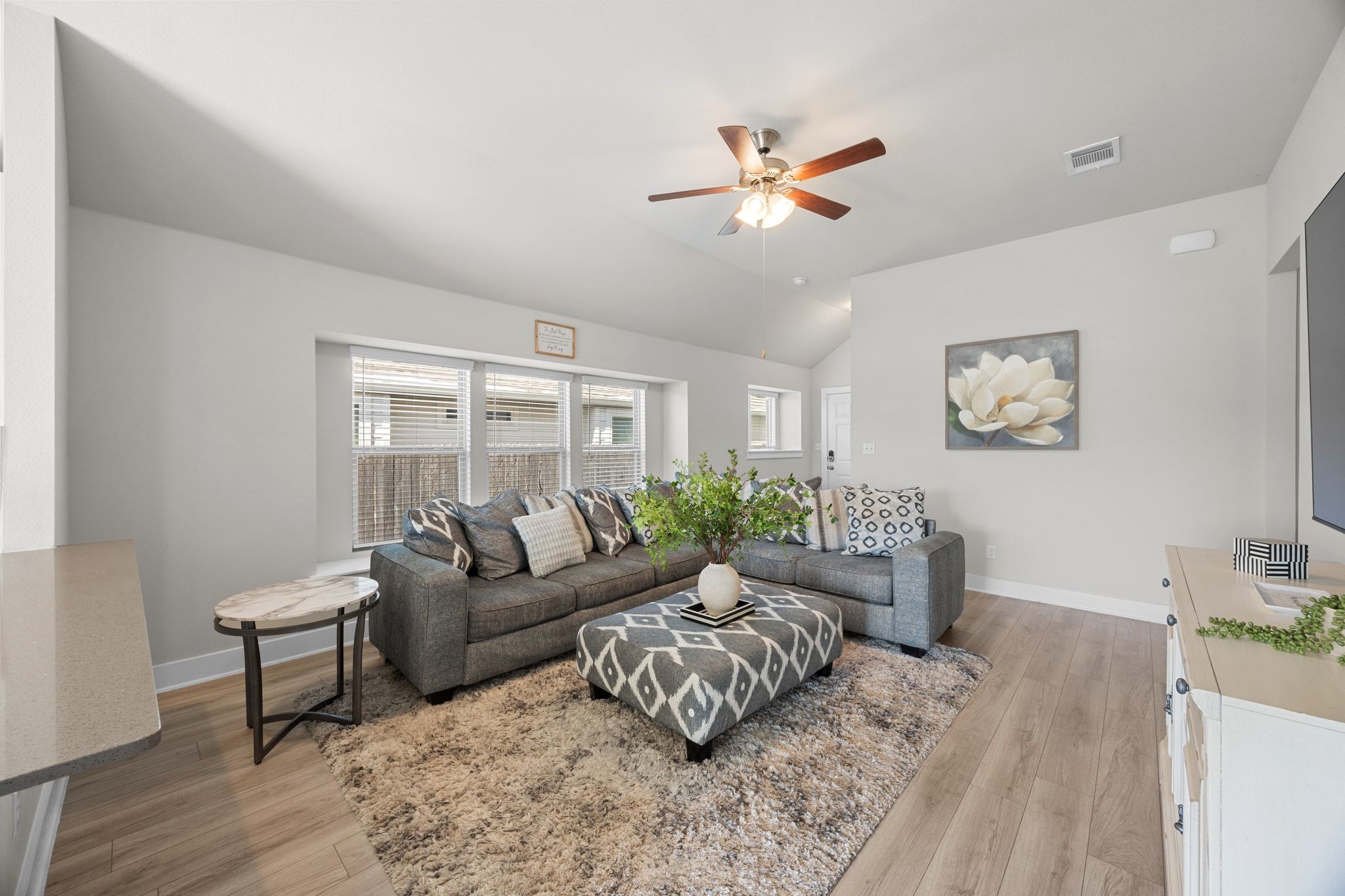 4807 Portillo Way Pflugerville, TX 78660 - Photo 7 of 24 Living room featuring light wood finished floors, a ceiling fan, and lofted ceiling