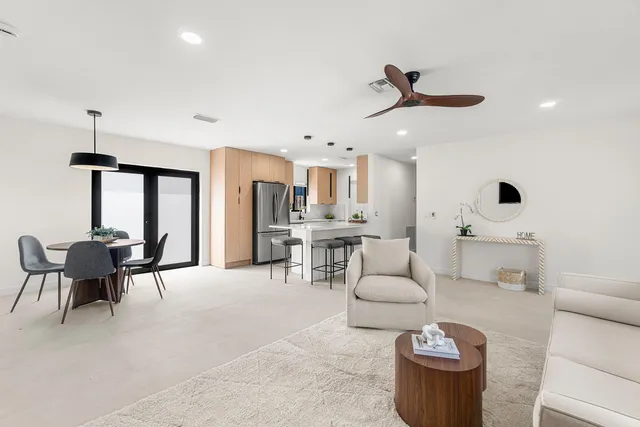 a living room with furniture and a potted plant