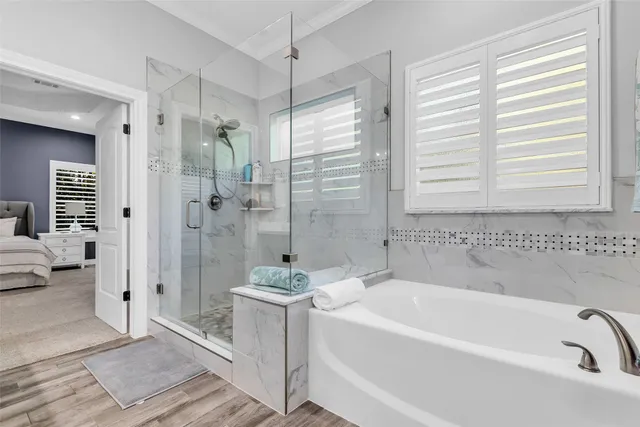 a bathroom with a bathtub and a shower