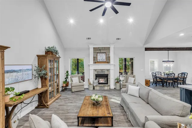 a living room with furniture and a fireplace