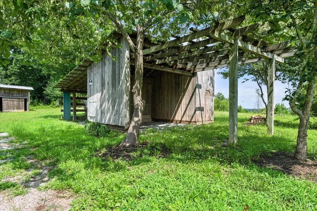 a view of backyard with a barn and large trees