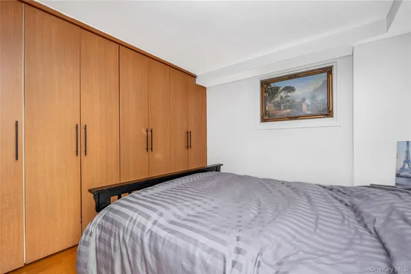 a view of a bedroom with wooden floor and closet