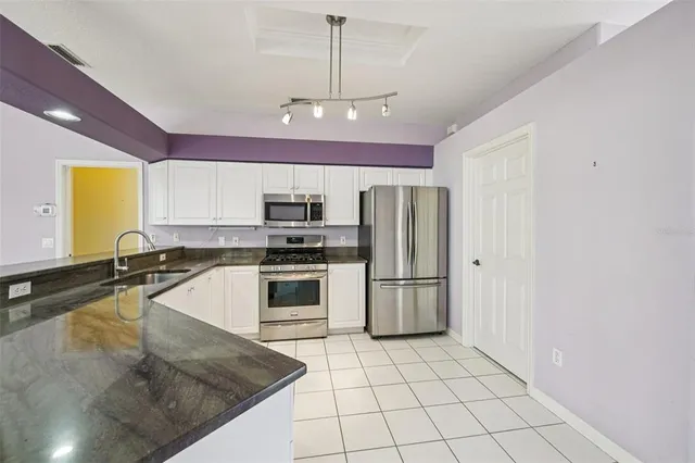 a kitchen with stainless steel appliances granite countertop a sink a stove a refrigerator cabinets and a dining table