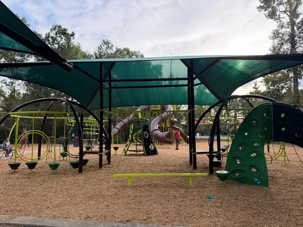 an outdoor space with seating