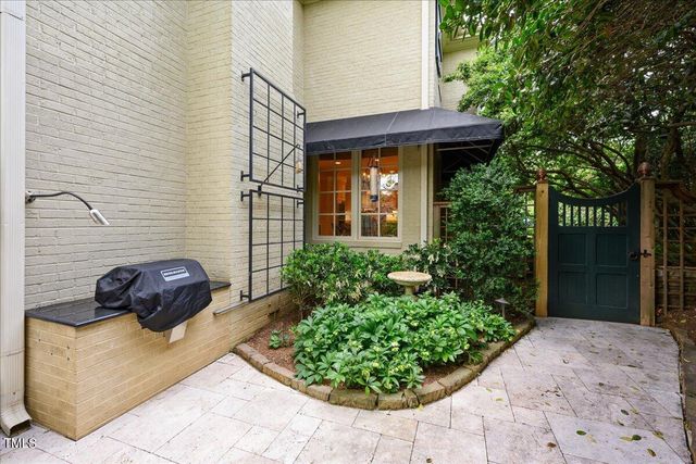 a view of a backyard with potted plants and a fountain
