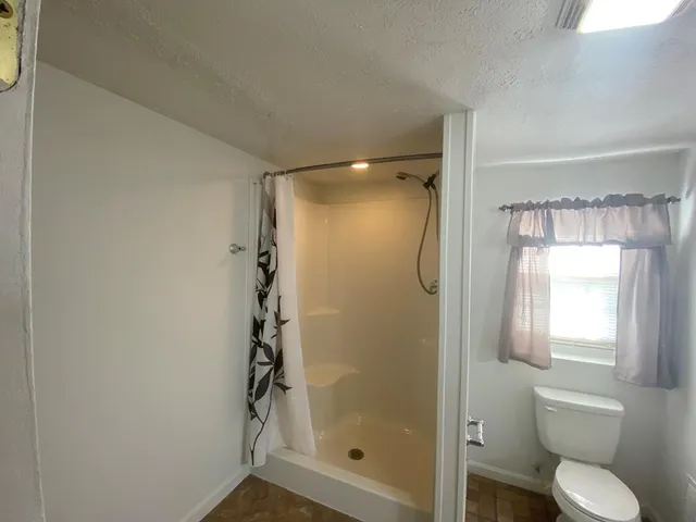 a bathroom with a shower a toilet and a window