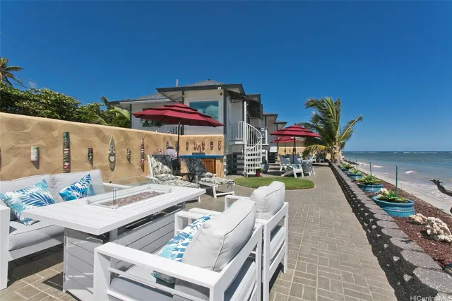 an outdoor space with furniture