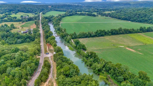 an aerial view of green landscape with trees houses and grass