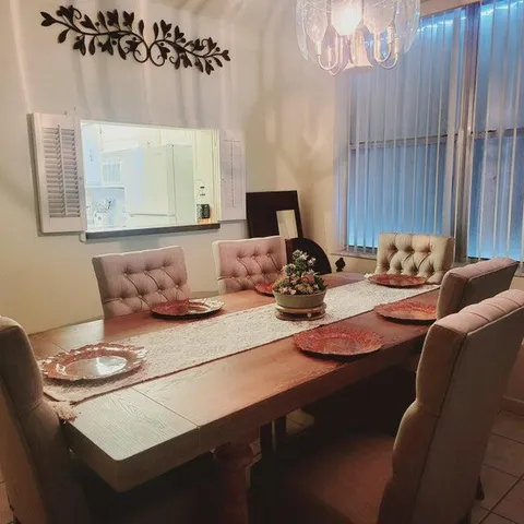 a view of a dining area with furniture