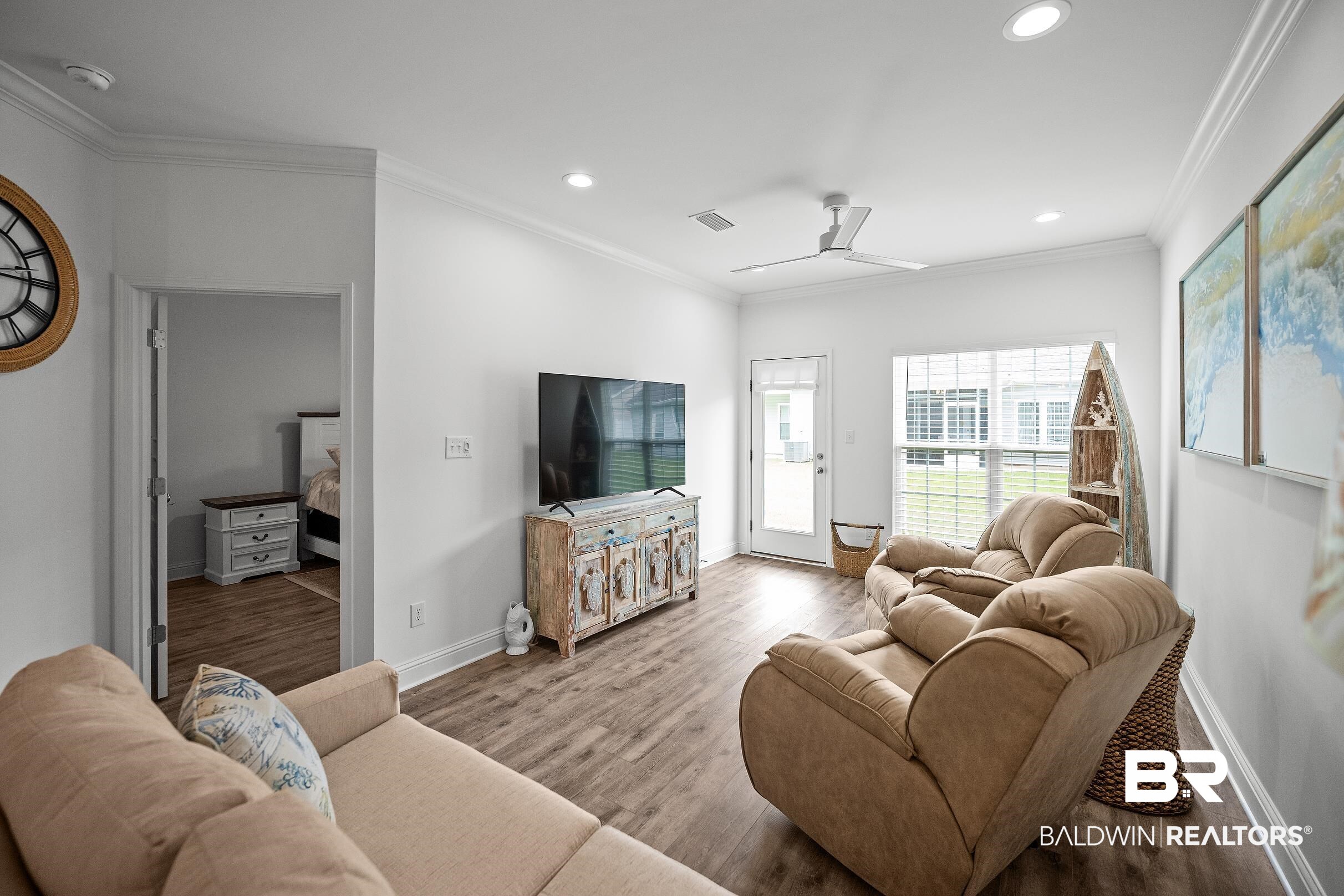 2651 South Juniper Street, Unit 2002 Foley, AL 36535 - Photo 8 of 23 Open-concept living area featuring wood-finish flooring, recessed lighting, and a ceiling fan