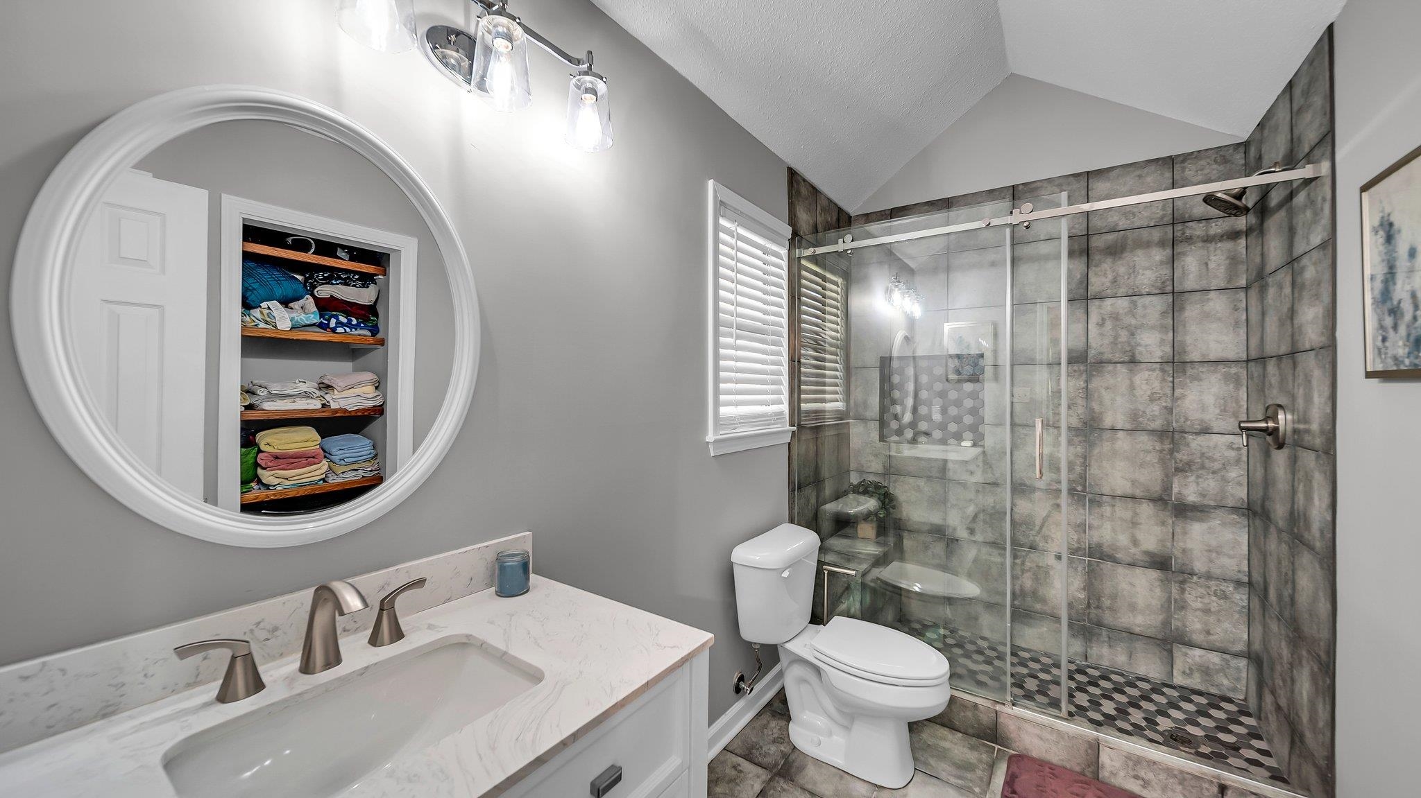6488 Chase Road Millington, TN 38053 - Photo 21 of 22 Bathroom featuring toilet, vanity, a stall shower, and lofted ceiling