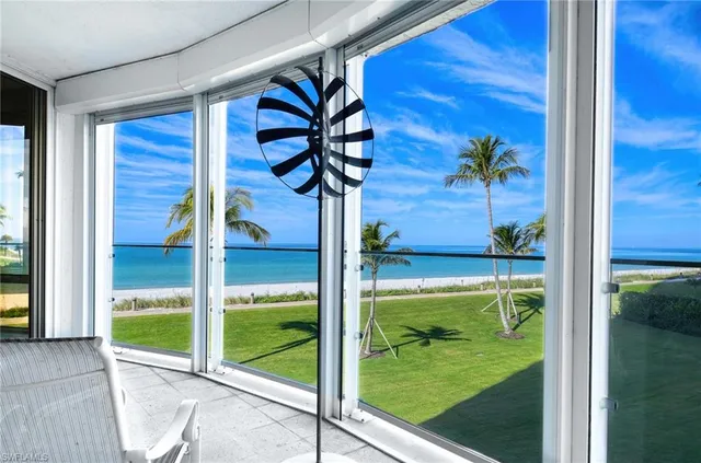 a view of swimming pool from a window