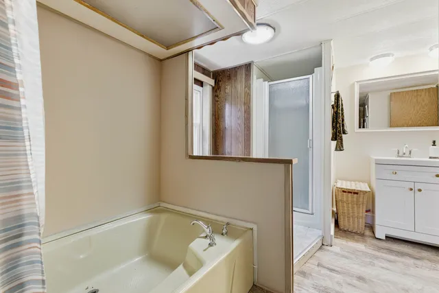 a bathroom with a tub sink and mirror