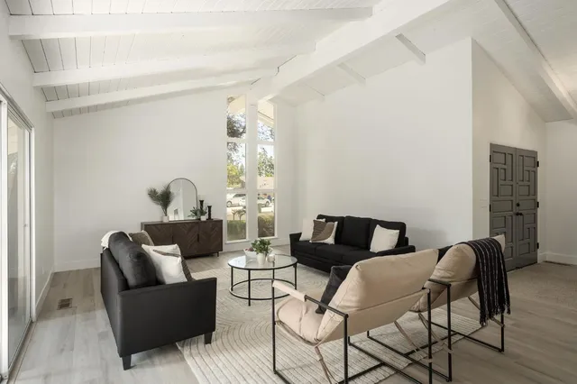 a living room with furniture and a potted plant