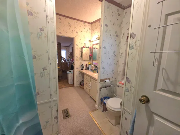 a bathroom with a granite countertop shower a toilet and a sink