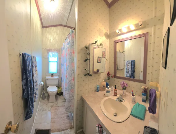 a bathroom with a sink a toilet and a mirror