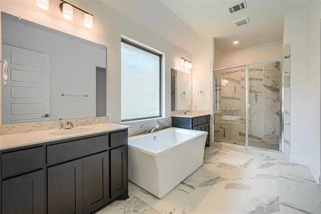a bathroom with a bathtub a sink a vanity and a shower