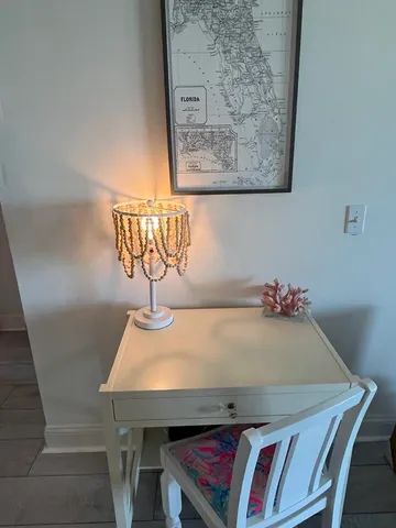 a view of a dining room with furniture