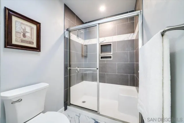 a bathroom with a shower and toilet