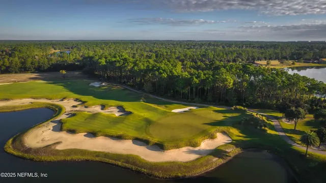 an aerial view of residential houses with outdoor space and swimming pool